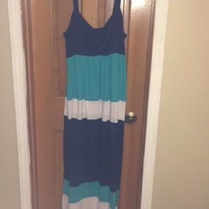 Navy blue, teal & white colorblock maxi dress.